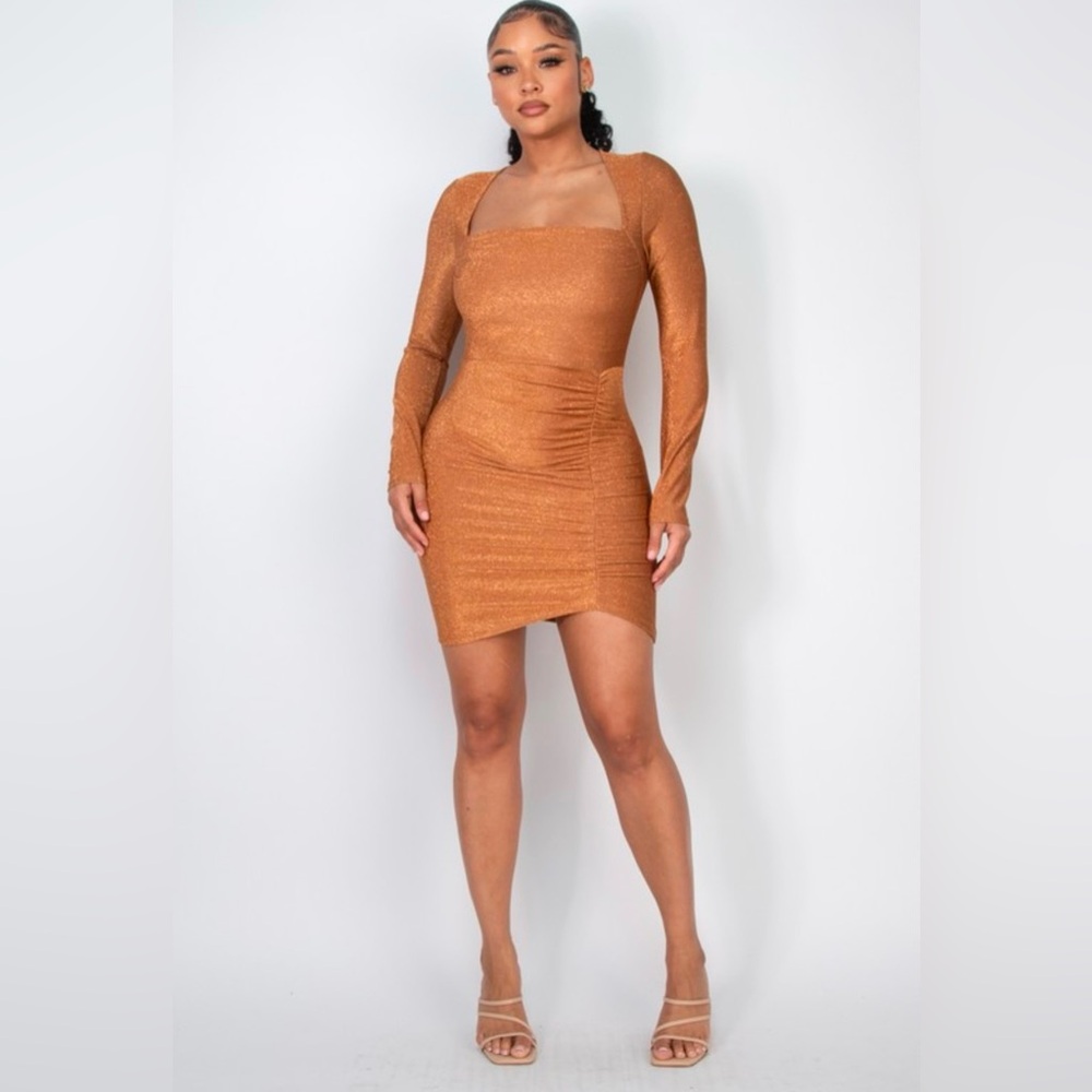 Taupe glittery ruched square neck dress.